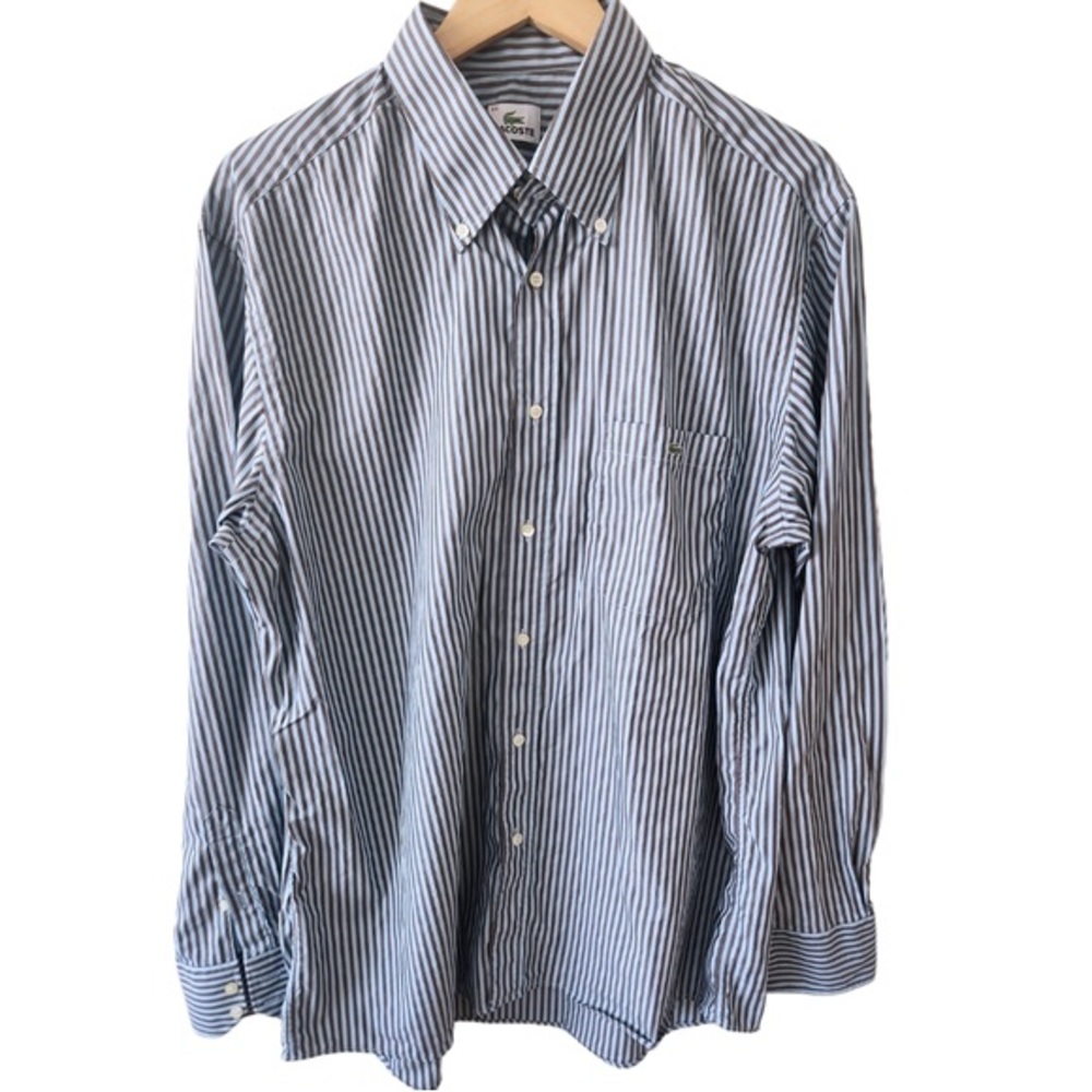 LACOSTE Vertical Stripe Blue Brown Mens Button Down Long Sleeve Shirt Sz 44